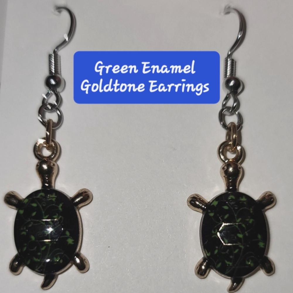 Green Enamel Goldtone Earrings